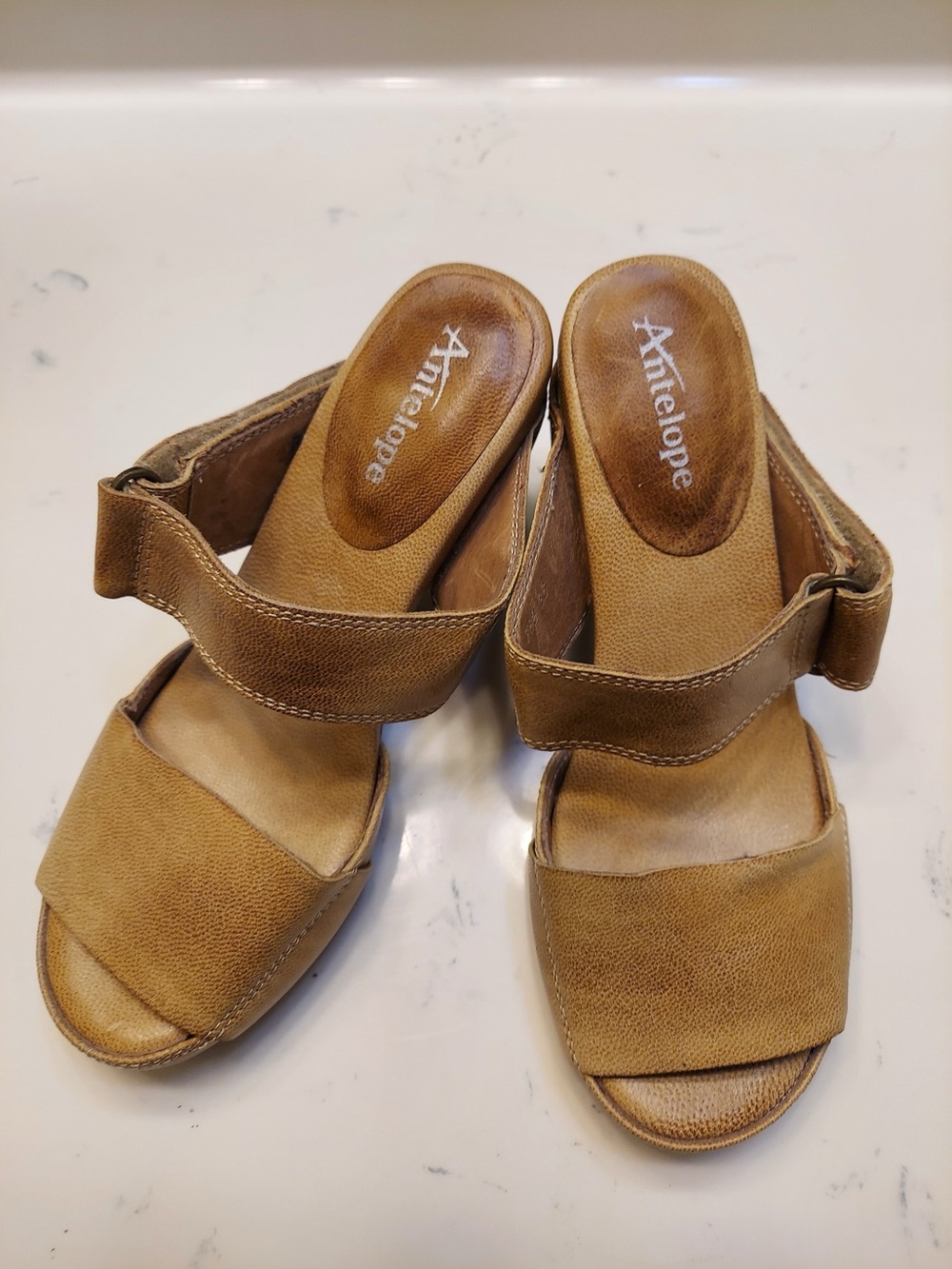 Antelope Tan Leather Slide Mules with Velcro Strap
